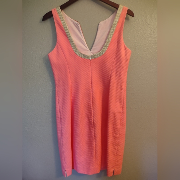 Lilly Pulitzer Janice Shift Dress Coral Reef Pink with Metallic Gold Embroidery. - Picture 7 of 13